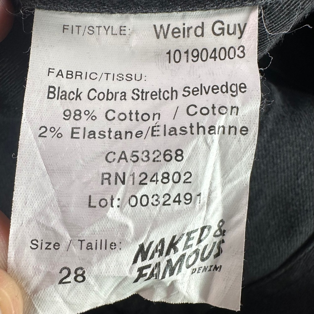 Naked & Famous Jeans Mens 28 Weird Guy Black Cobra Stretch Selvedge Button Fly - Picture 8 of 12